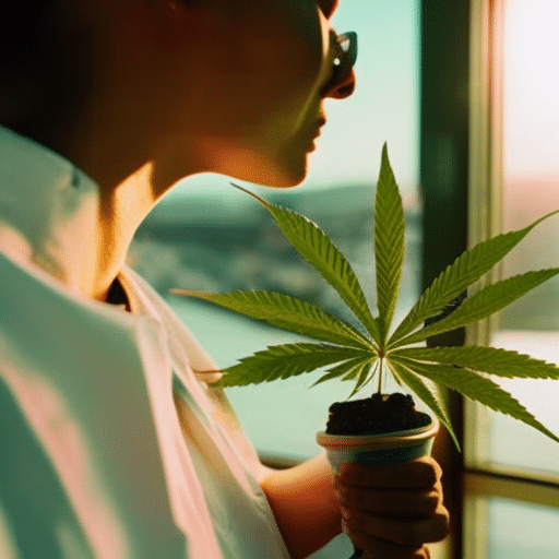 An image of a serene hospital room with a cannabis plant, a comforting hand on a patient