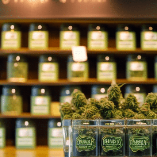 An image featuring a diverse array of cannabis products neatly displayed inside a modern Delaware dispensary, with discernible labels indicating different strains and uses, reflecting variety and options available