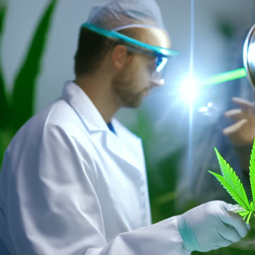 An image featuring a secure, holographic medical cannabis card superimposed over a pristine lab environment with researchers inspecting cannabis plants under a magnifying glass