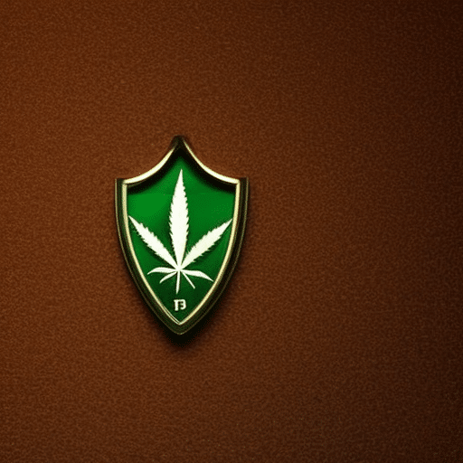 An image featuring a shield symbolizing protection emblazoned with a subtle, embossed cannabis leaf, behind which is a silhouette of Delaware