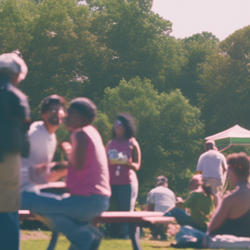 An image of a serene Delaware park with a diverse group of people enjoying a picnic, featuring a nearby sign indicating a licensed cannabis dispensary with a subtle police presence