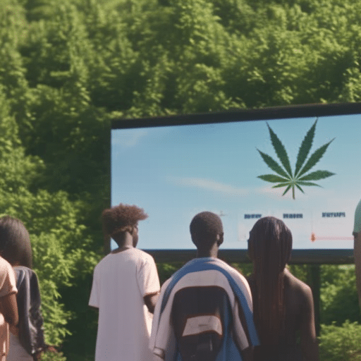 An image of a diverse group of teens in a park, with distinct signage indicating a cannabis-free zone, while a background billboard showcases graphs of declining youth cannabis usage statistics in Delaware