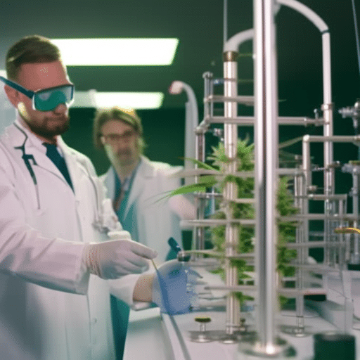 Ate a pristine laboratory with scientists testing cannabis purity, surrounded by Delaware state symbols, displaying chromatography equipment and molecular structures, indicating high-quality control standards for public health