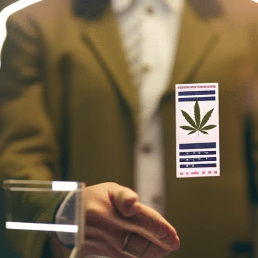 Ate a person holding a medical document, with a cannabis leaf hologram above it, standing next to a laptop displaying a registration form, all against a backdrop of Delaware