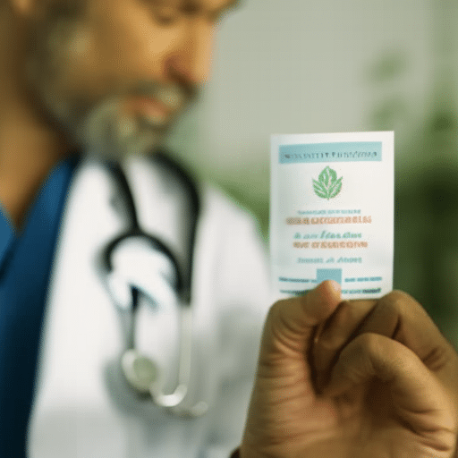 An image of a welcoming Delaware clinic, with a visible certification seal, where a doctor consults a patient holding a medical cannabis leaf pamphlet, symbolizing physician guidance in medical cannabis access