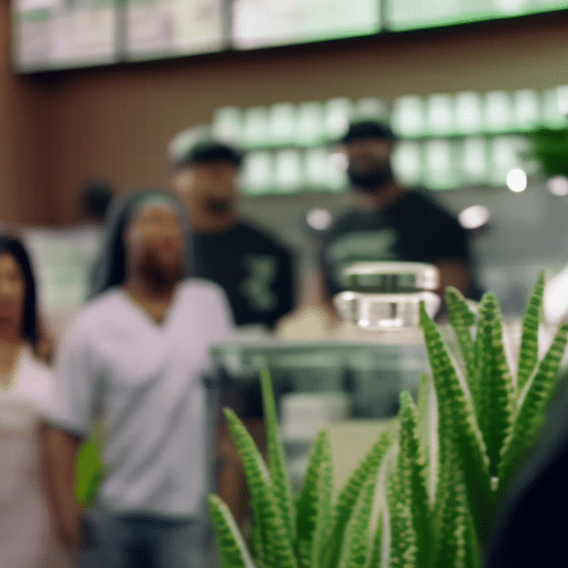 An image of a serene Delaware dispensary storefront with a diverse group of customers showing ID to a friendly security guard under a green cross symbol, with medicinal plants in the background