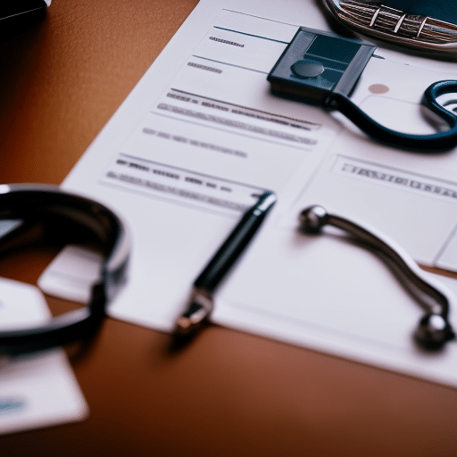 An image of a neatly organized desk with a clipboard, various forms, a Delaware map, a medical ID card, a pen, and a stethoscope, all under soft, focused lighting