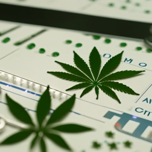 An image of hands filling out a medical marijuana program application with a Delaware map silhouette, a stethoscope, and a checklist with ticks in boxes, all on a clean desk