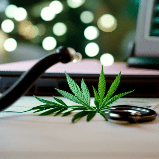 E an image displaying a neat pile of official documents, a medical cannabis leaf, a Delaware state outline, and a stethoscope, all resting on a clean, well-lit desk