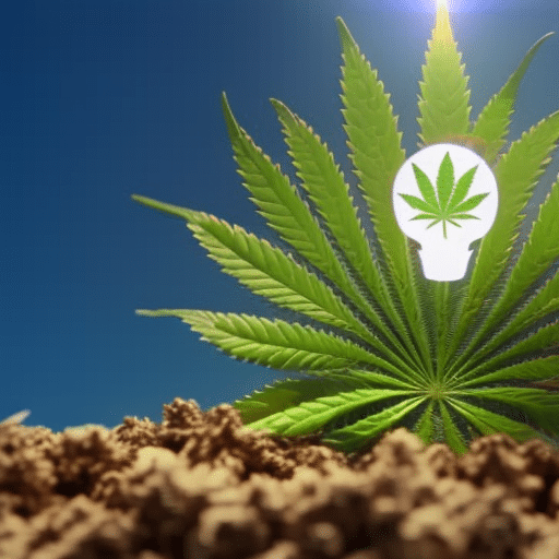 An image of a serene human brain made of cannabis leaves, with symbolic icons of mental health, like a peace sign and a lightbulb, floating around it, against a clinical, soft blue background