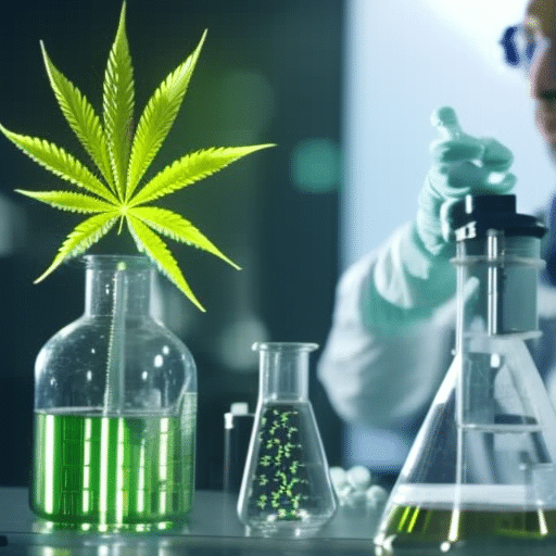 An image featuring a laboratory setting with a cannabis plant, a microscope displaying cancer cells, beakers with green liquid, and a clipboard with charts, symbolizing recent medical cannabis cancer research breakthroughs