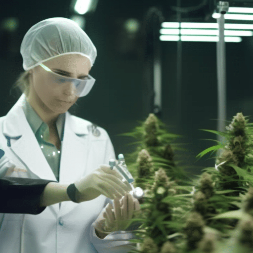 Ate a scientist examining cannabis plants in a lab with patients providing feedback on pain scales, alongside charts displaying chronic pain relief statistics and medical trial phases icons