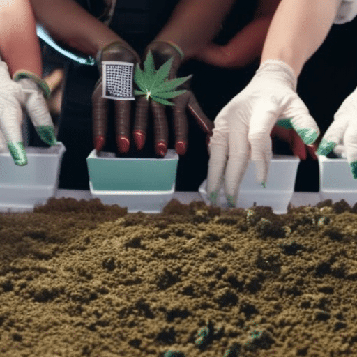 An image of diverse hands planting a green cannabis leaf into American soil