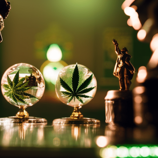 Lossal figures, one embodying a marijuana leaf and the other a dispensary, fiercely arm wrestling on Delaware's map, with a crystal ball showing ambiguous symbols nearby