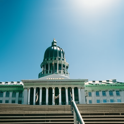 An image of the Delaware State Capitol building with a balanced scale on the steps and a subtle marijuana leaf shadow on the scale, symbolizing the legislative consideration of adult-use marijuana