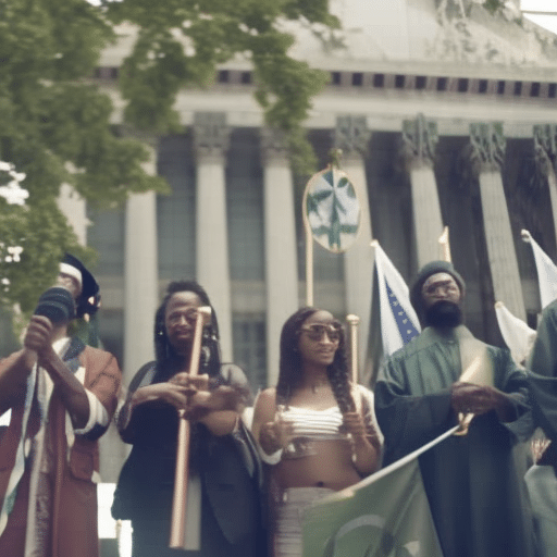 A diverse group of people peacefully gathering outside the Delaware Capitol, holding cannabis leaf banners, while a symbolic scale of justice balances a marijuana leaf and a gavel on either side