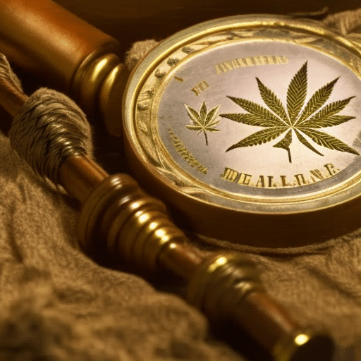 An image of a historical Delaware map, colonial quill and parchment, a cannabis leaf watermark, and a gavel, symbolizing legislative progress