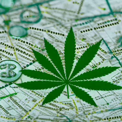 An image of a cannabis leaf superimposed on a Delaware map, with symbols indicating economic growth, such as rising graphs and coins, subtly integrated into the background