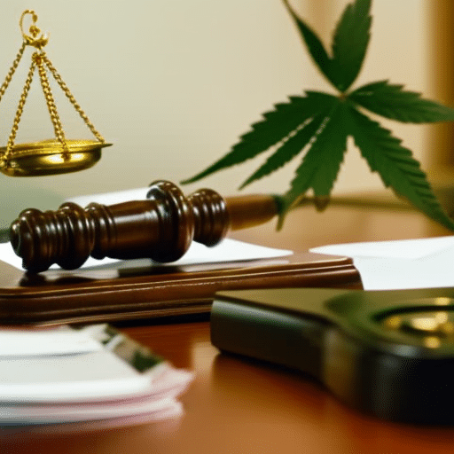 An image of a gavel, a cannabis leaf, and a detailed model of the Delaware State Capitol building, interspersed with scales of justice, on a desk with official-looking paperwork and ink pens
