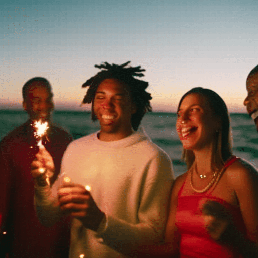 An image of diverse people celebrating with sparklers at a twilight beach party, with iconic Delaware landmarks subtly integrated, symbolizing unity and joy over the legal weed bill passage