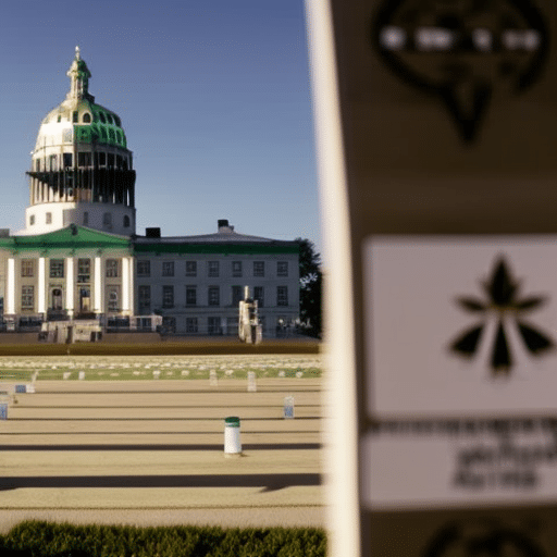 An image of the Delaware Capitol with a cannabis leaf shadow looming over, surrounded by barriers and question marks, signifying regulatory hurdles and societal concerns about the legalization of marijuana