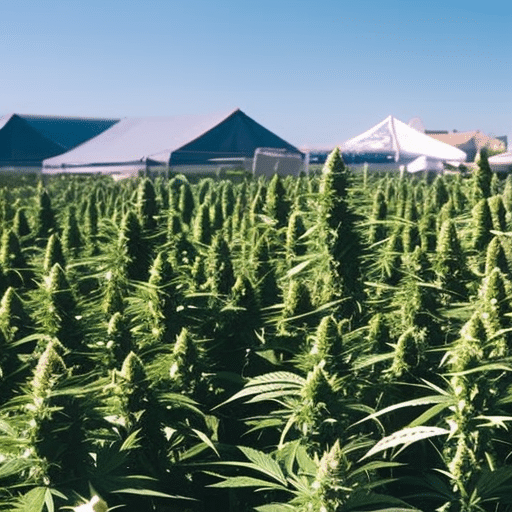  thriving cannabis field under sunny Delaware skies, with a bustling market in the foreground and a looming bill signed into law in the background