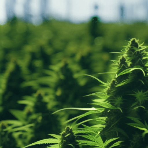  thriving cannabis plantation in Delaware with a graph overlay indicating rising profits and a looming silhouette of the Liberty Bell symbolizing impending legalization