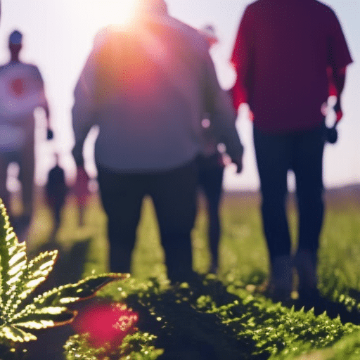 trail illuminated by a glowing medical marijuana leaf, with Delaware's outline in the background, and diverse patients happily walking towards the leaf