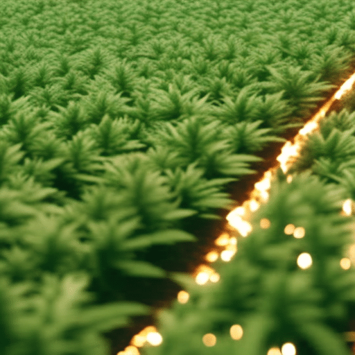  lit torch symbolizing Delaware's trailblazing bill, illuminating a path through a field of flourishing medical marijuana plants, against a backdrop of a map of the United States