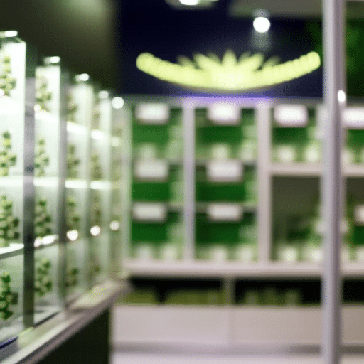 An image of a modern dispensary in Delaware with diverse patients showing ID cards, a green cross symbol, and updated secure display cases with various cannabis products inside