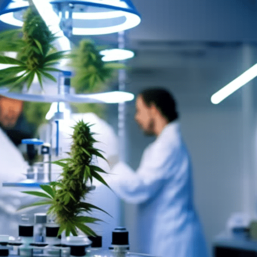 Resolution image of a laboratory with cannabis plants under LED lights, scientists in lab coats examining petri dishes, and a clear 3D molecular structure of cannabinoids floating above a high-tech microscope