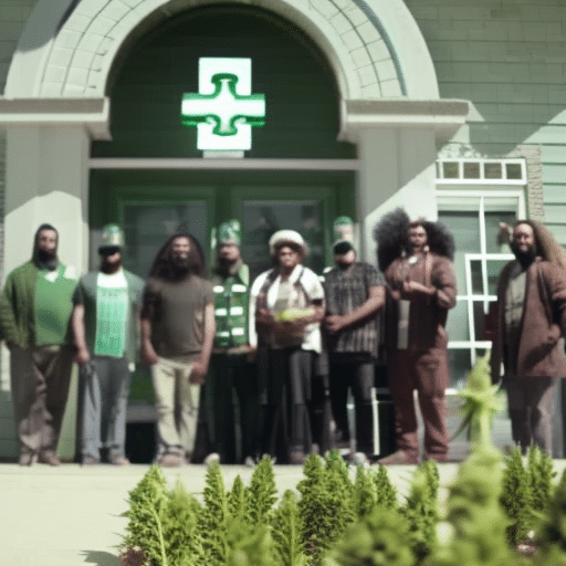 An image of a diverse group of patients, each holding a medical marijuana card, standing in front of a regulated dispensary with a green cross symbol, under a welcoming arch