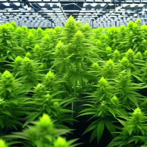 An image of a high-tech greenhouse with advanced hydroponic systems, robotic arms tending cannabis plants, and a futuristic control panel displaying data analytics on plant health and cannabinoid content