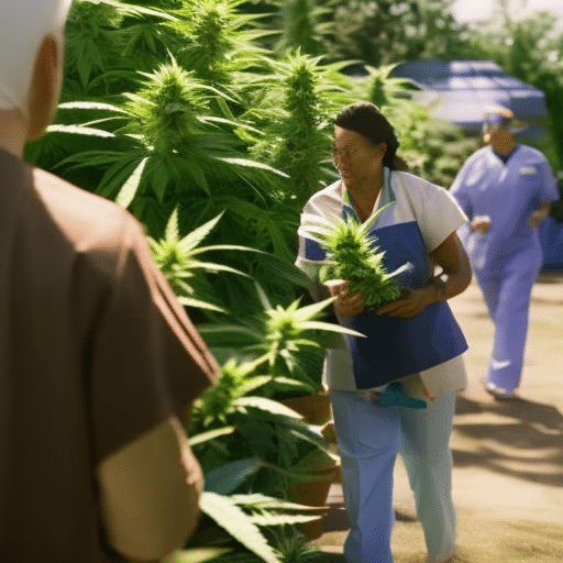 An image of a peaceful Delaware clinic with diverse patients being guided by healthcare professionals in a serene garden, showcasing cannabis plants and discreet dispensing areas