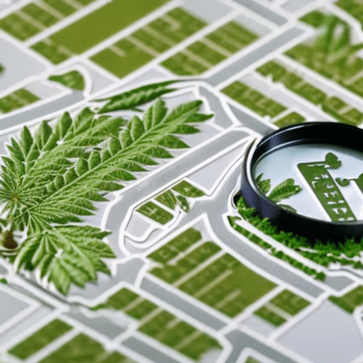  detailed map of Delaware highlighted with cannabis leaf markers on key locations, a magnifying glass hovering over, and a medical symbol incorporated subtly in the background