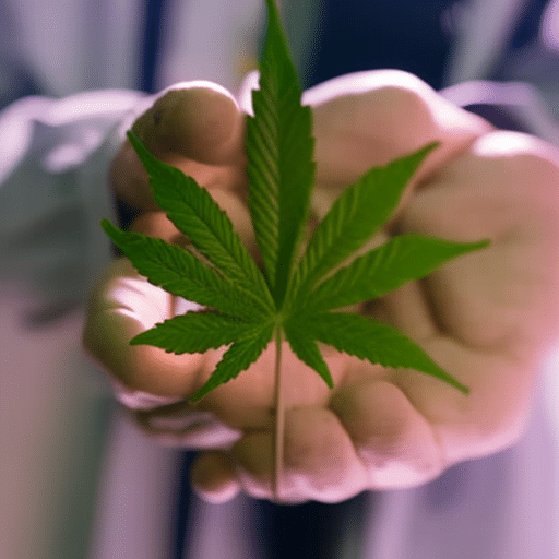 A doctor's hand holding a cannabis leaf with the Delaware state outline in the background and a door symbolically opening in the center of the leaf