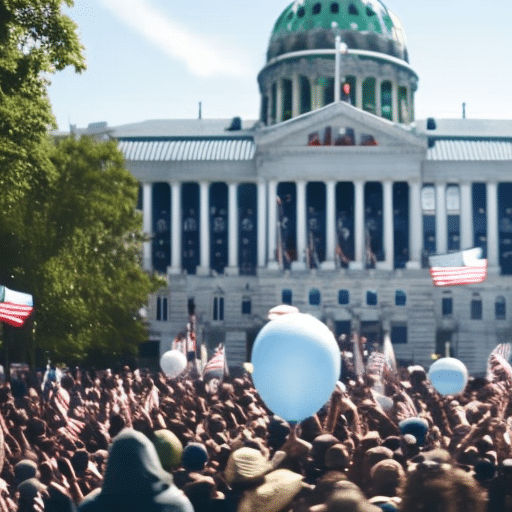 Animated crowd cheering in front of Delaware state capitol holding green cannabis leaf balloons while a medical symbol shines brightly on building top