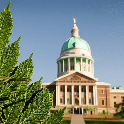 An image of the Delaware State Capitol building with a subtle backdrop of cannabis leaves and a stethoscope wrapped around the state outline