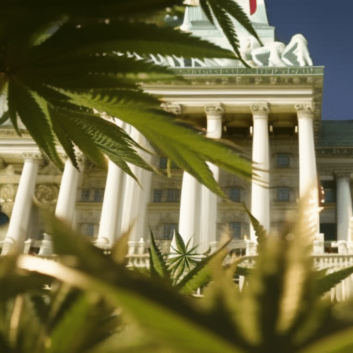 An image of the Delaware Capitol building with a diverse group of people holding medical symbols and marijuana leaves, surrounded by unfurling parchment symbolizing new legislation